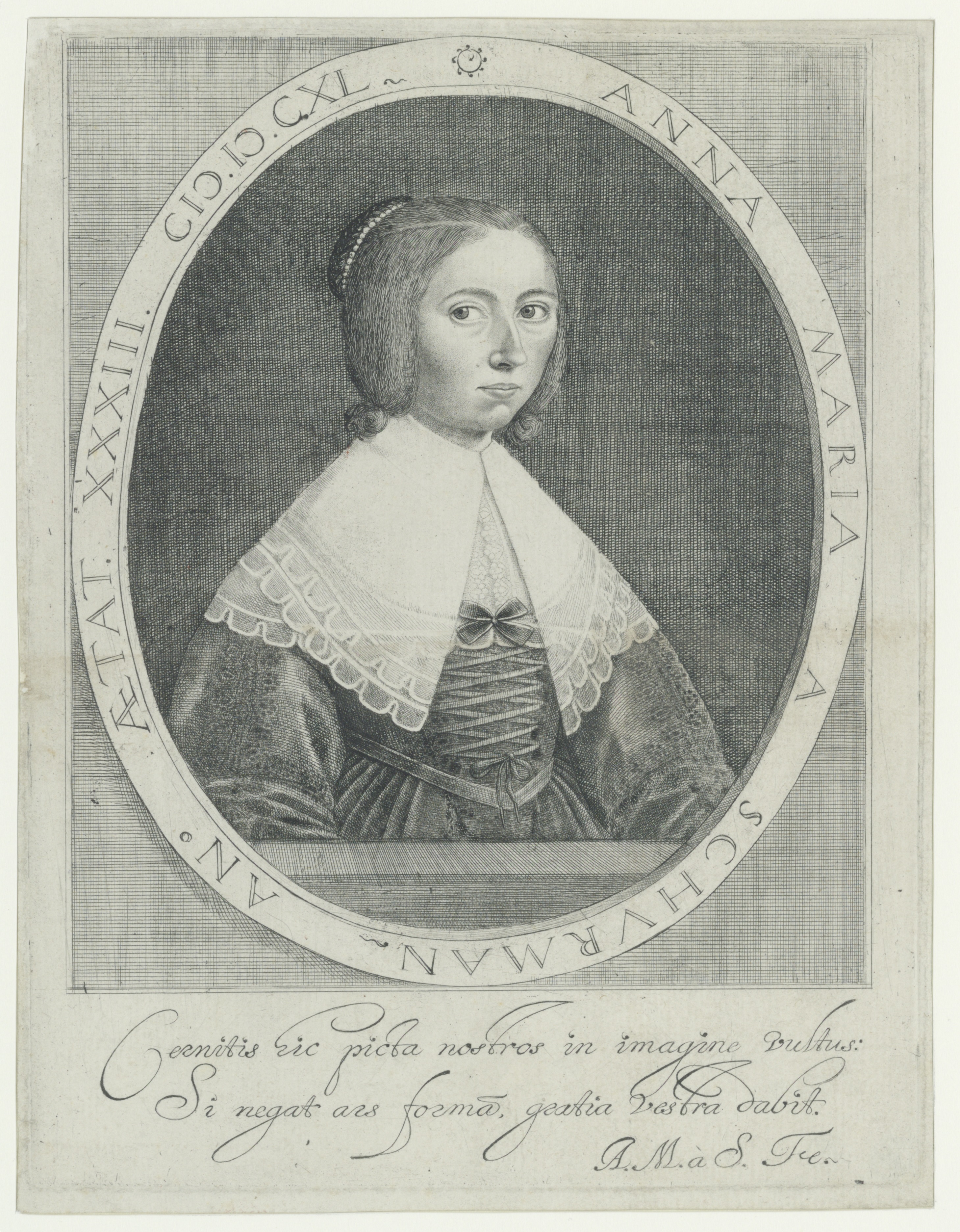 A printed, oval bust-length self-portrait of the artist wearing seventeenth-century clothes, including an oversized, lace-trimmed collar. Her hair is pulled back and tied into a bun, embellished with beads. She looks out directly at the viewer with a neutral expression. She is identified by an inscription around the oval and another at the bottom of the sheet.
